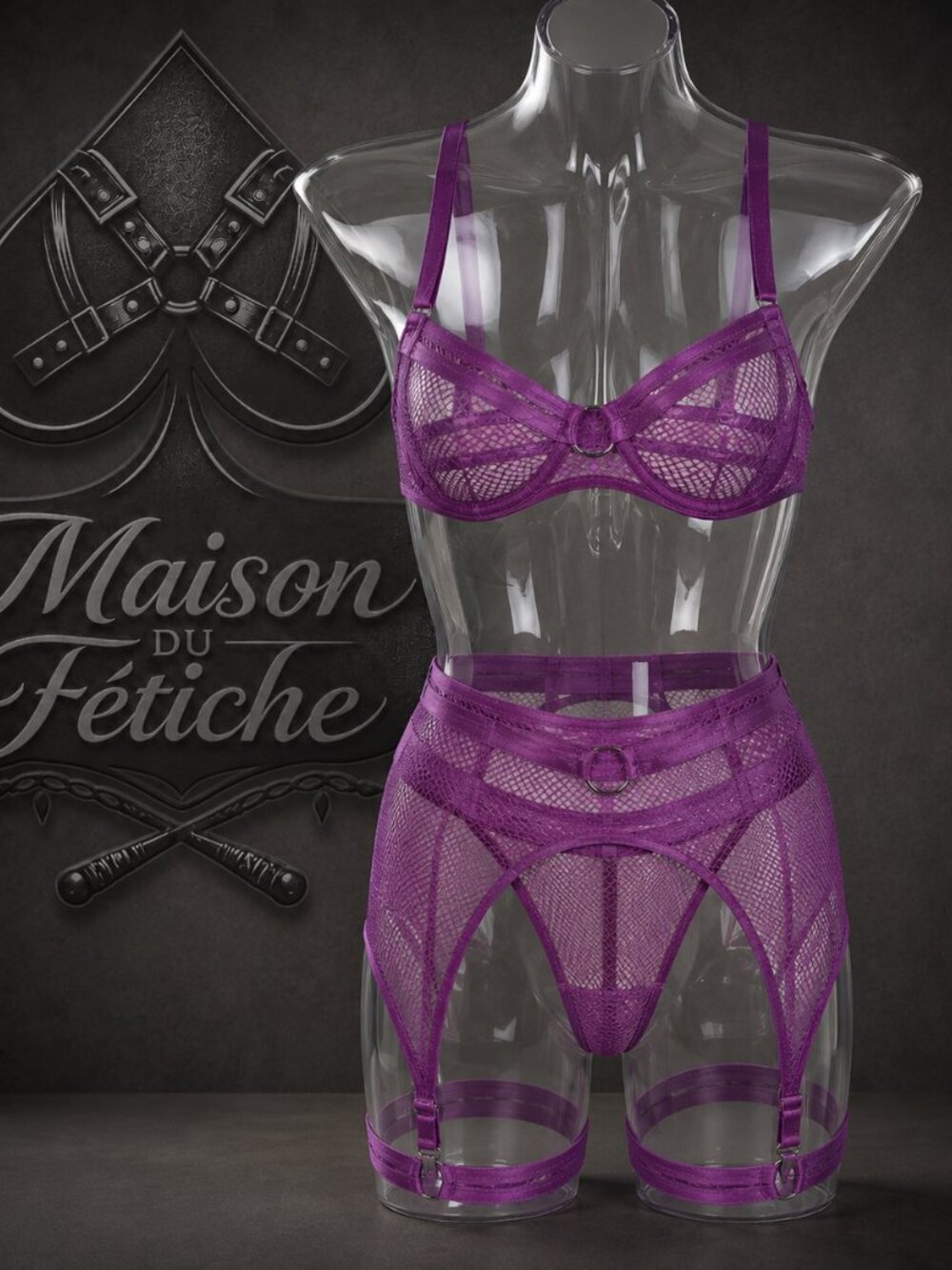 Lavender Mesh 3-Piece Lingerie Set & Bodysuit Combo.